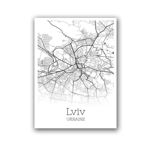 Ukraine City Map Canvas Posters Kyiv Kharkiv Donetsk,Lviv Map Art Print Black White Modern Wall Art Painting Office