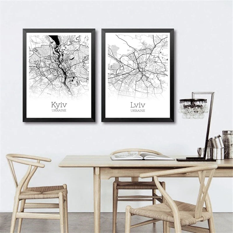 Ukraine City Map Canvas Posters Kyiv Kharkiv Donetsk,Lviv Map Art Print Black White Modern Wall Art Painting Office