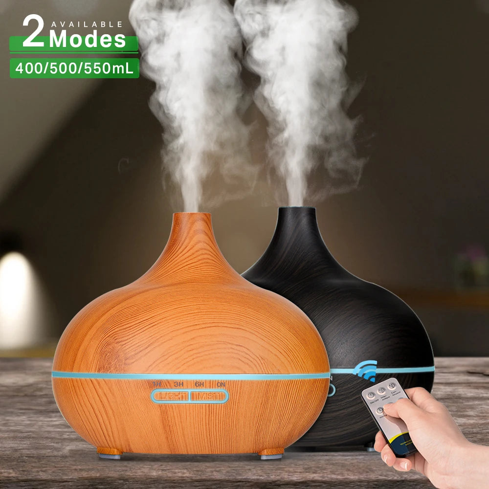 550 500 400 Aromatherapy Essential Oil Diffuser Wood Grain Remote Control Ultrasonic Air Humidifier Cool with 7 Color
