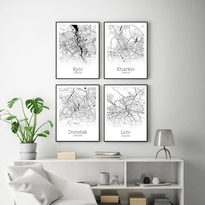 Ukraine City Map Canvas Posters Kyiv Kharkiv Donetsk,Lviv Map Art Print Black White Modern Wall Art Painting Office