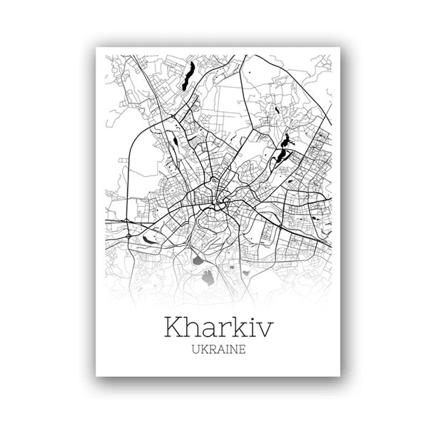 Ukraine City Map Canvas Posters Kyiv Kharkiv Donetsk,Lviv Map Art Print Black White Modern Wall Art Painting Office