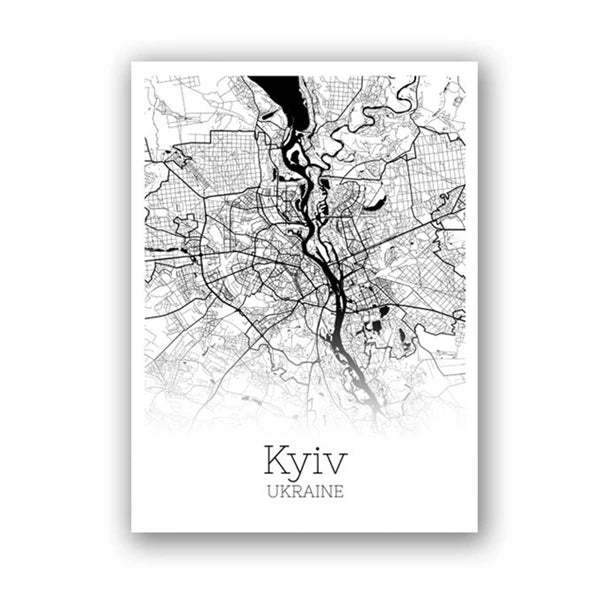 Ukraine City Map Canvas Posters Kyiv Kharkiv Donetsk,Lviv Map Art Print Black White Modern Wall Art Painting Office