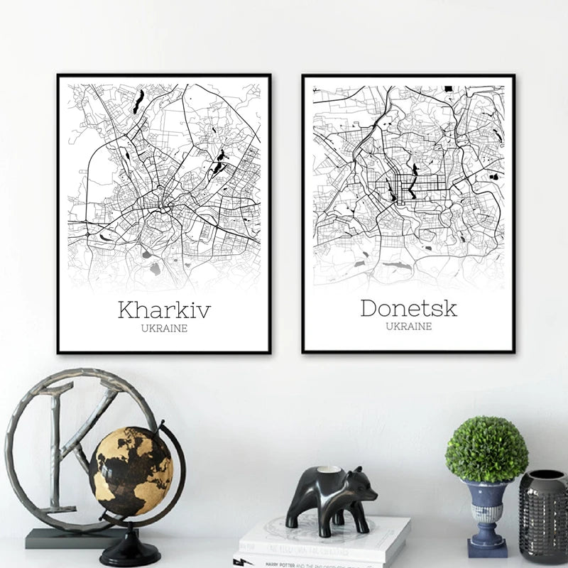 Ukraine City Map Canvas Posters Kyiv Kharkiv Donetsk,Lviv Map Art Print Black White Modern Wall Art Painting Office